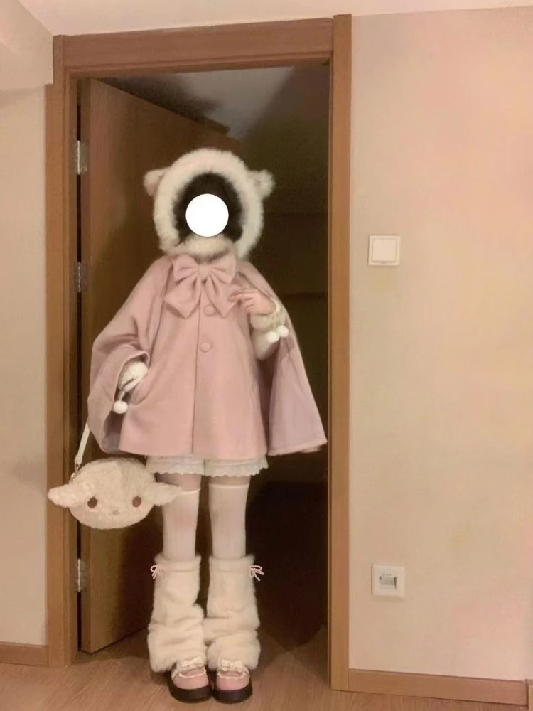 Otoño cálido coreano Popular mujer capa abrigo japonés Lolita dulce arco adelgazante chica mágica diseñador Chic Ponchos ropa de mujer