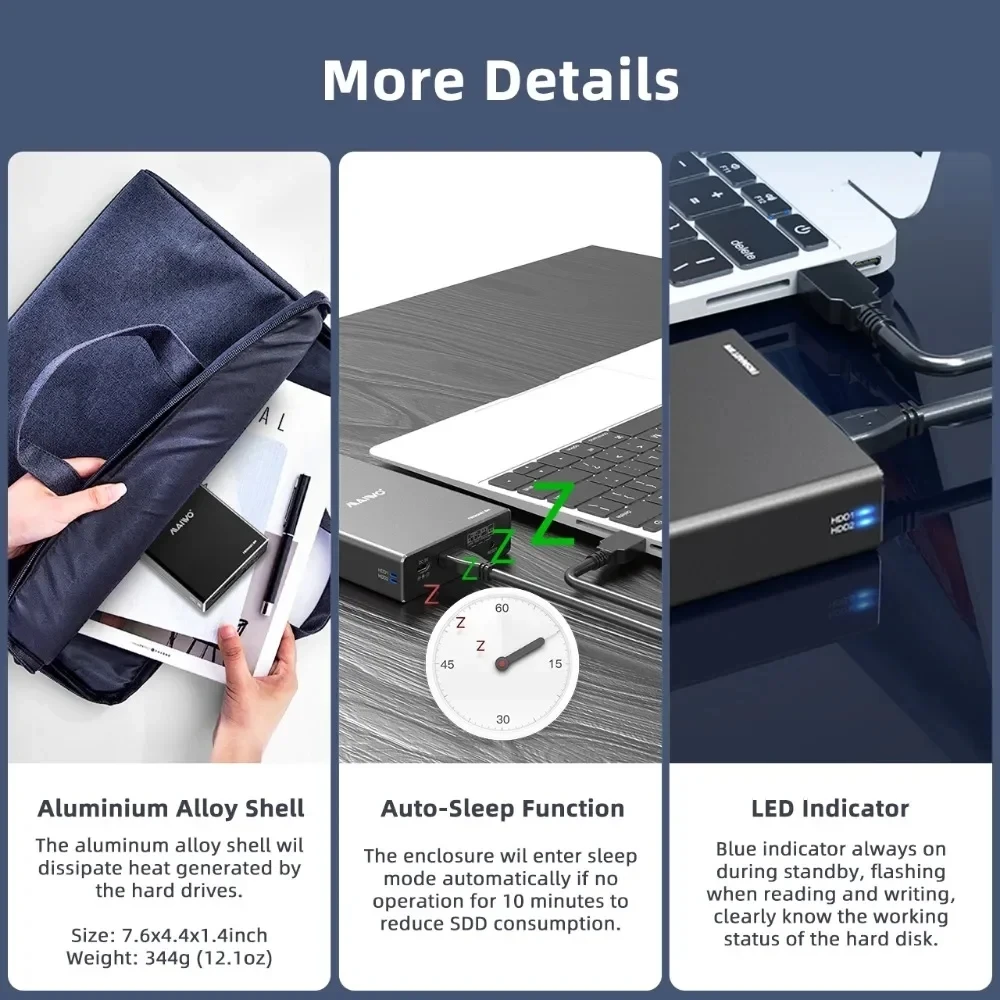 MAIWO 2,5 inch HDD en SSD SATA I/II/III behuizing Dual Bay externe harde schijfbehuizing Aluminium USB 3.0 5Gbps met RAID-functie