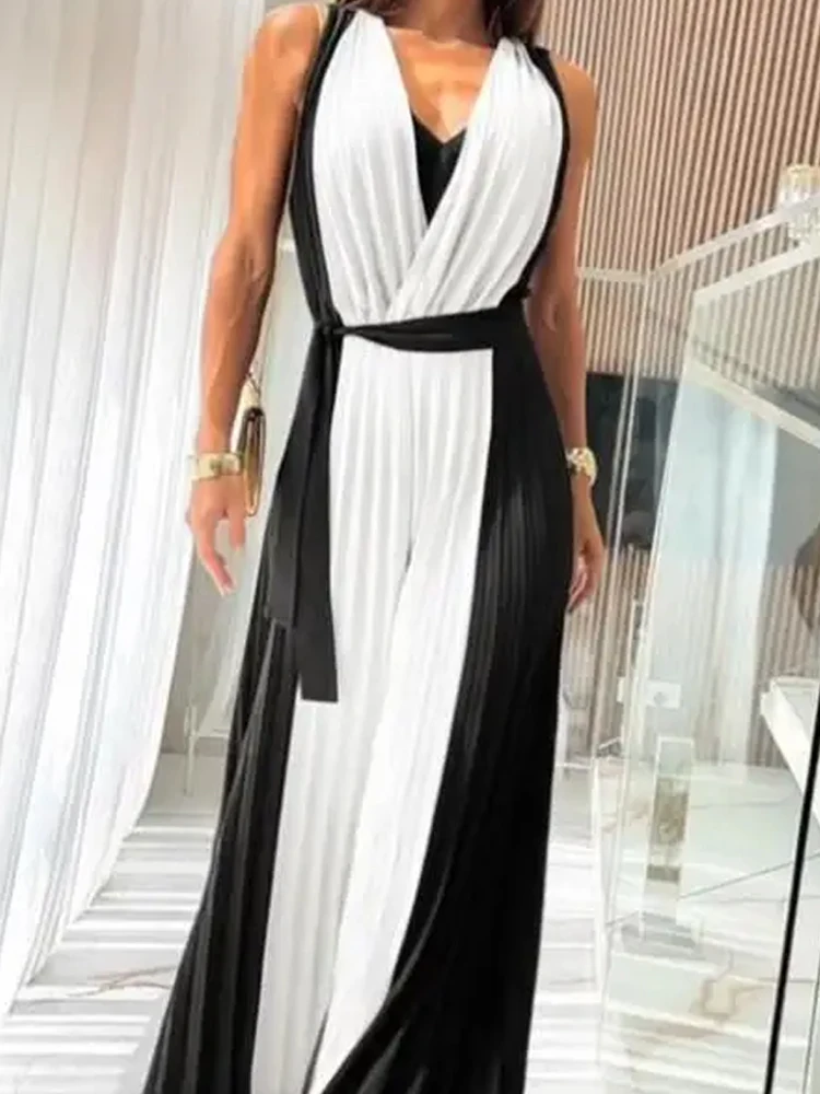 여성 우아한 드레이프 와이드 레그 팬츠 플레이수트 패션 컬러 배색 레이스업 롱 점프수트 섹시 브이넥 민소매 출퇴근 롬퍼