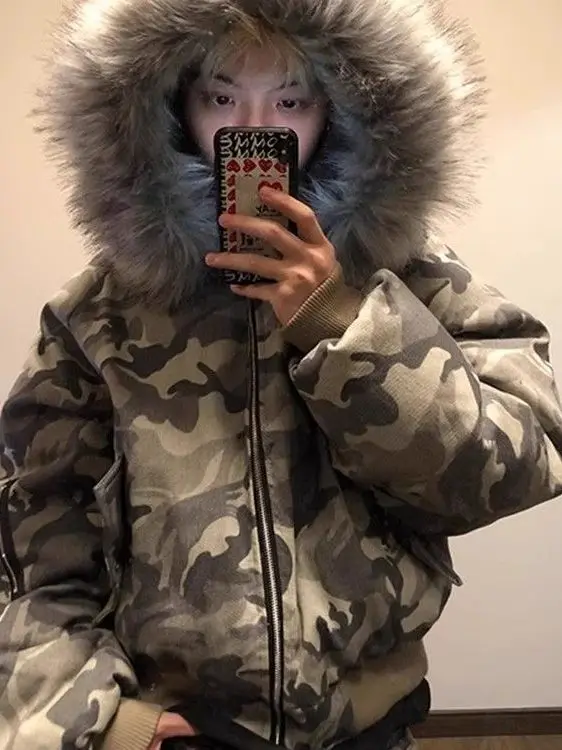 

American Street Sle Camouflage Patchwork Thiened Cotton Jaet Women's Winter Warm ort Coat Couple's Jaet Cotton Clothes