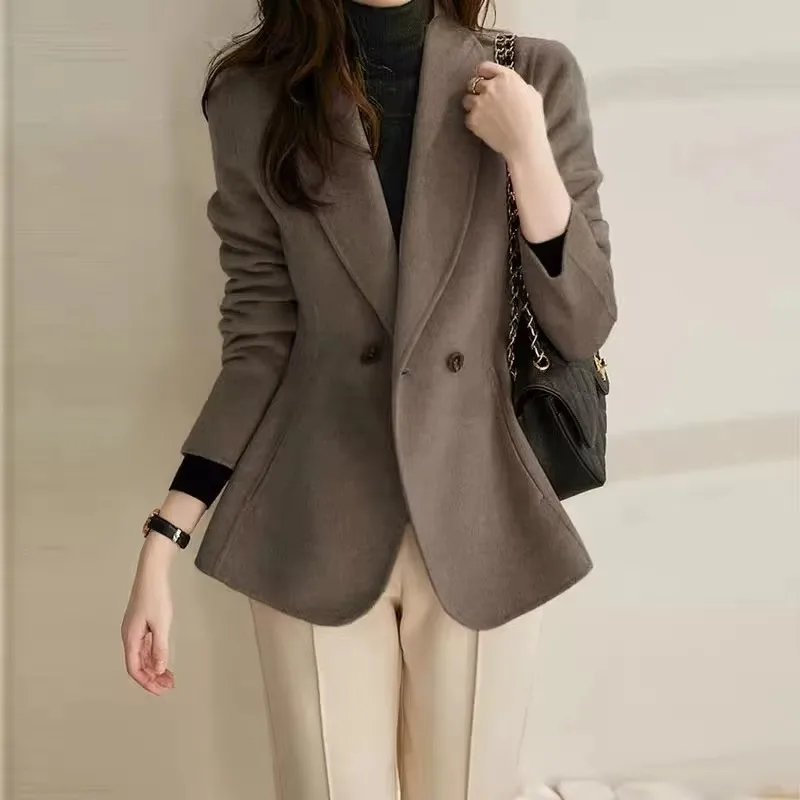 2025 Autumn/winter New Gentle Quality Waist-cinching Slimming Professional Double-breasted Coat Casual Woolen Suit Jacket Women