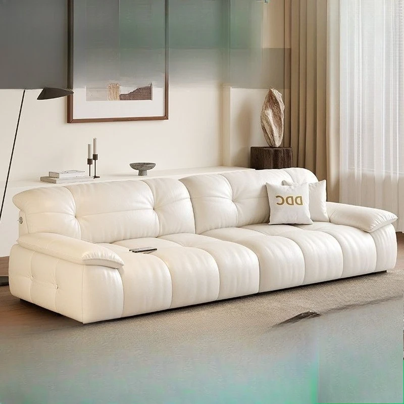 Italian minimalist cloud sofa leather small apartment living room straight row full green leather