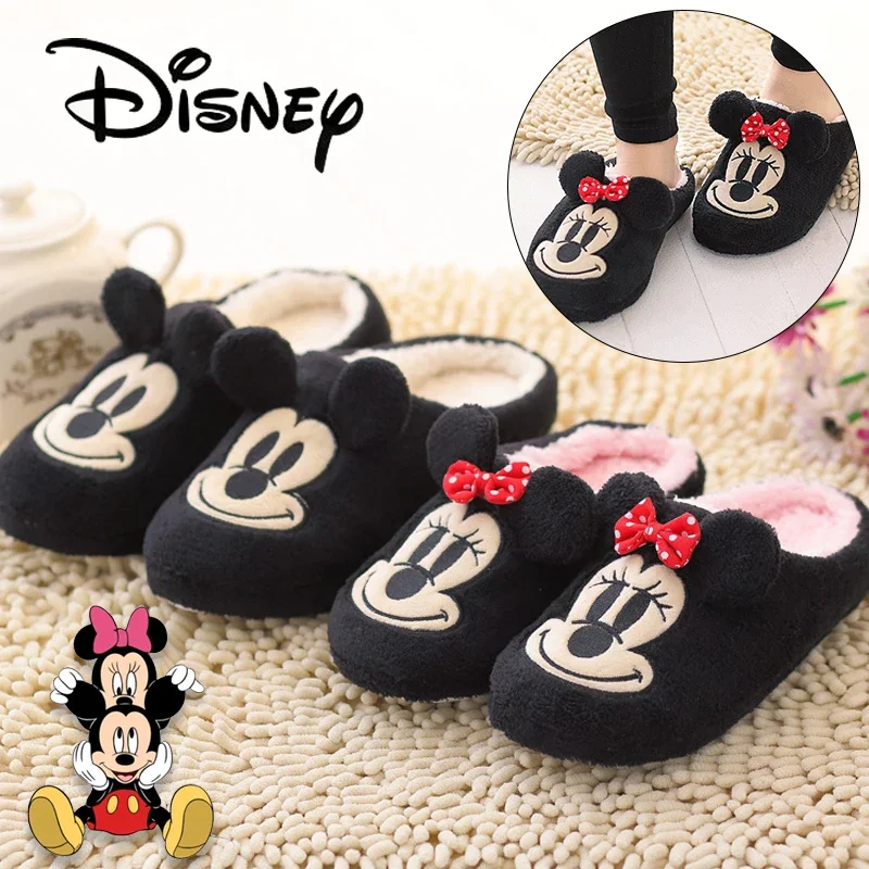 Disney Mickey Minnie pantofole da casa invernali pantofole in cotone da donna Cartoon Men Warm Coral Fleece Slides pantofola da coppia antiscivolo