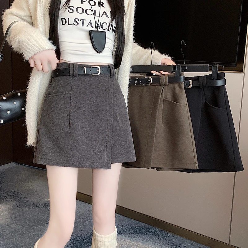 ay Thi Wollrockhose Damen Herbst Winter Oberbekleidung Kleine Größe A-Linie Stiefelhose Asymmetrische Orts