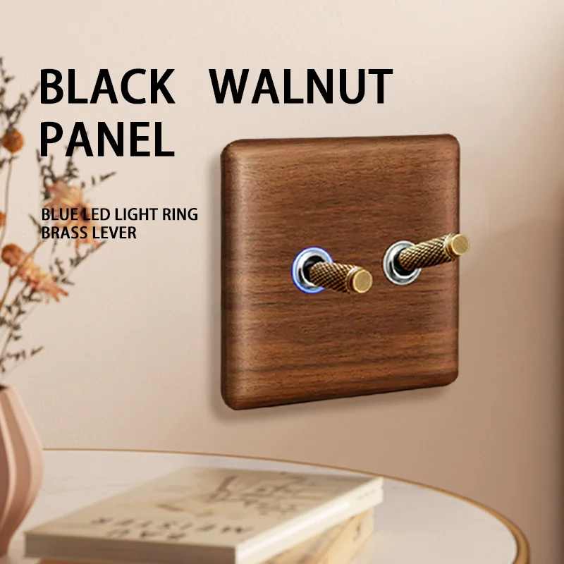 Wall Light Switch with Led Indicator Light Wood Toggle Switch and Socket, Home Stay Old Vintage Wall 220V 1gang2way Switch