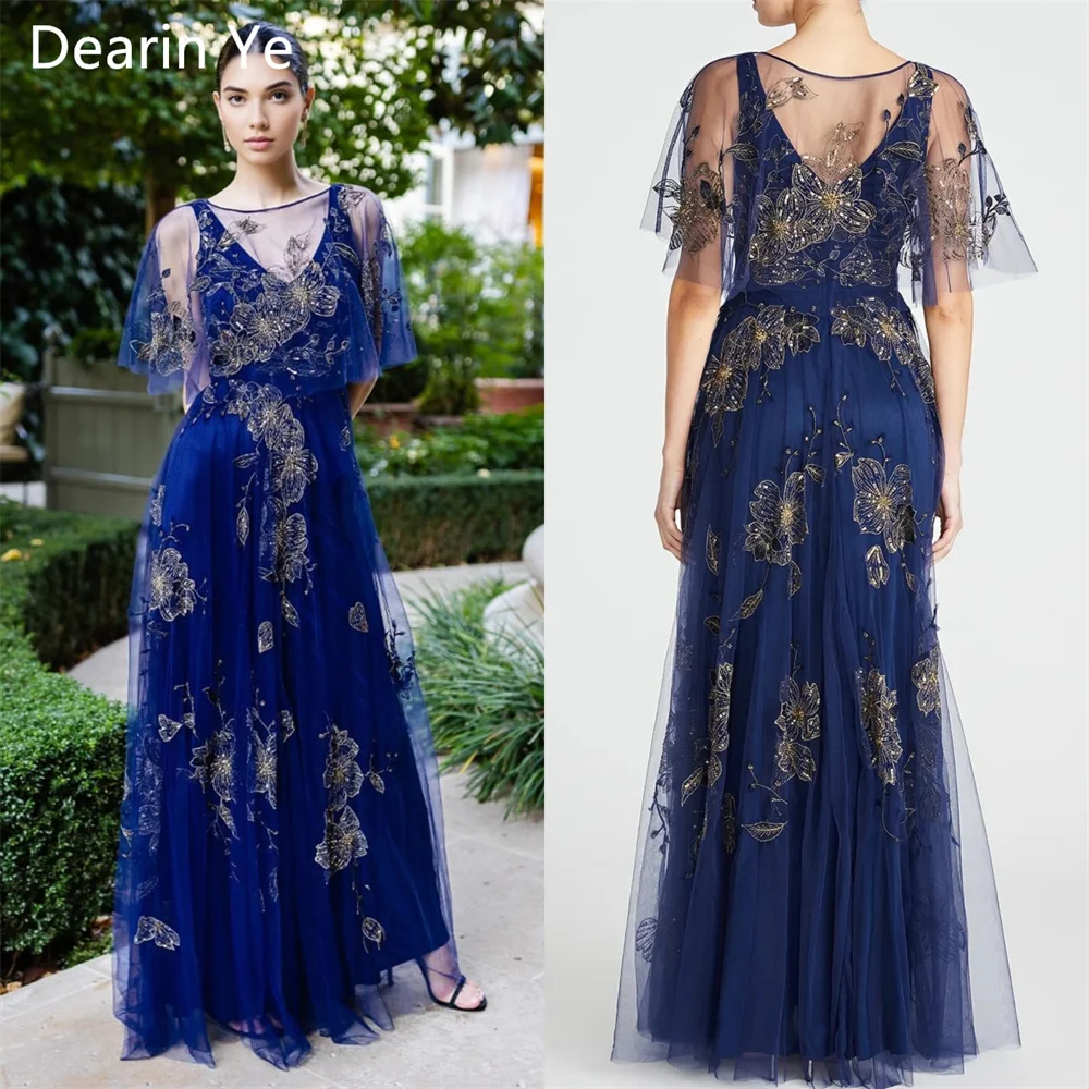 Customized Saudi Arabia Evening Gown Dearin Scoop Neckline A-line Floor Length Sequin Skirts Layered Draped Tulle Embroidery Bes