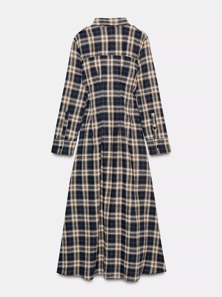 Herfst Winter Nieuwe Collectie Lange Gevouwen Kraag Plaid Midi irt Dr vrouwen Pendelen Faionable Vintage Sle Katoenmix