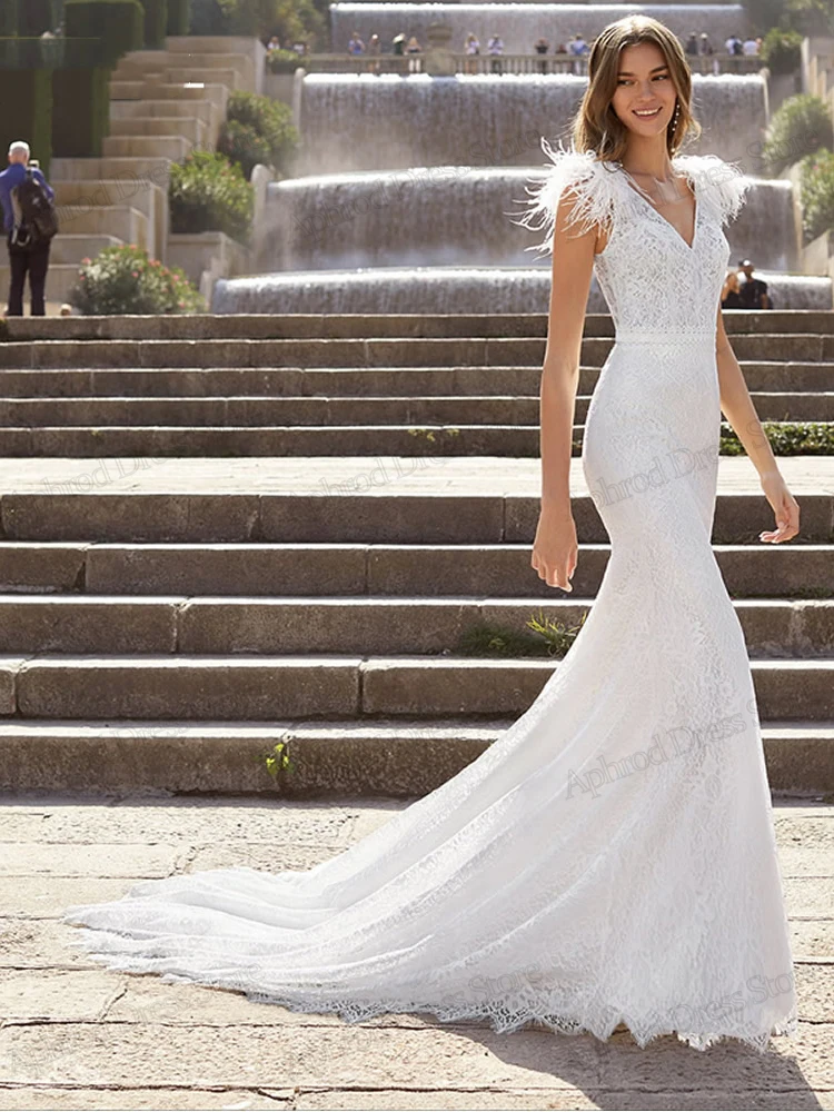 Robes de mariée sirène exquises, gaine à col en V, plumes, longueur au sol, robes pour soirée formelle, décoration éducative, 2024, 2023