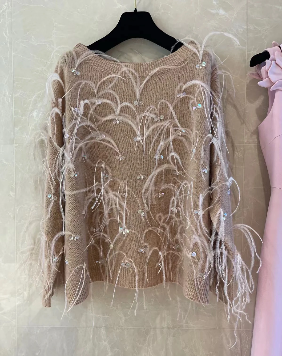 EVACANDIS Ostrich Feather Women Long Sleeve New O-Neck Pullover Knitted Tops Sequins Sweet Vintage Elegant Casual Chic Sweater