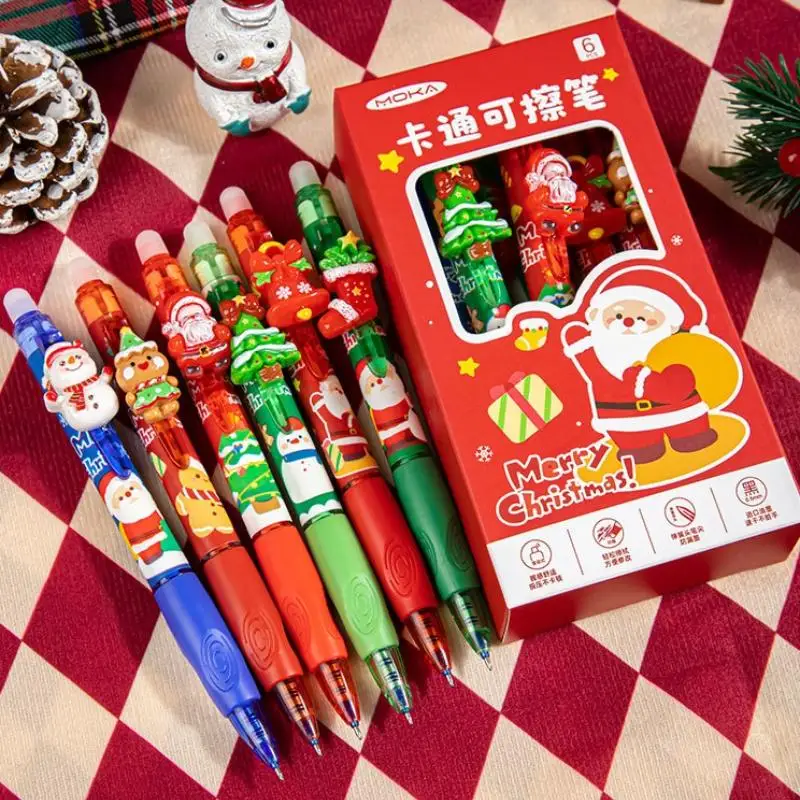 

6Pcs Cartoon Christmas Themed Erasable Gel Pens Kawaii Quick-Drying Writing Smooth Blue Ink Neutral Pens Student Stationery Gift