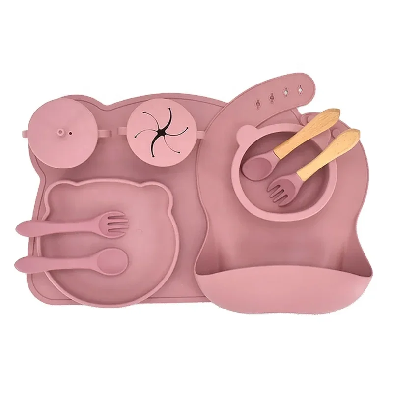 Trend Feeding Supplies Silicone Tableware Set Baby Bib Dinner Mat Suction Cup Baby Weaning Set
