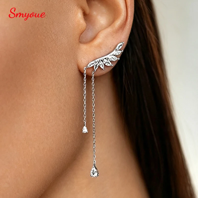 Smyoue New 5A Zircon Angel Wings Tassel Drop Earrings for Women Elegant Wedding Dainty S925 Sterling Silver Ins Style Jewelry