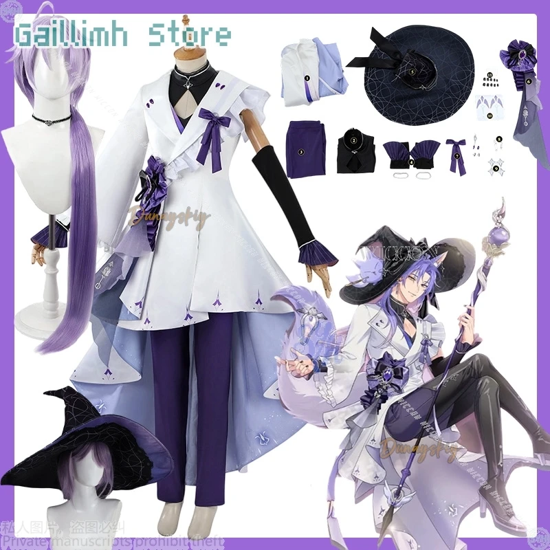 

Kuya 코스프레 의상 Game Nu: Carnival Anime Costume Sexy Magician Uniform White Magic Robe Big Hat Pants Long Wigs Halloween Party Cos