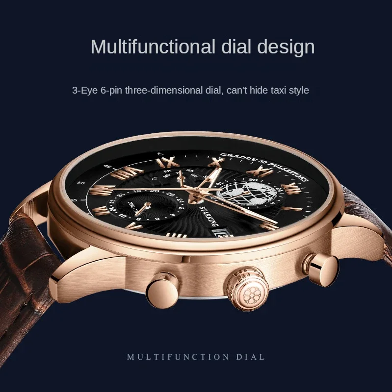 2025 nieuw product horloge mode multifunctioneel drie-ogen lichtgevend quartz horloge mannelijk