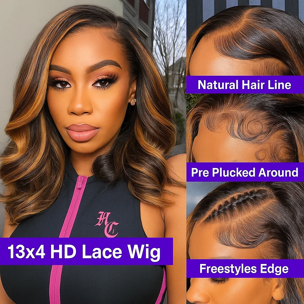 Ombre Evidenziare PB/30 Onda Del Corpo Breve Bob Parrucca Dei Capelli Umani 13x4 HD Trasparente Anteriore Del Merletto Dei Capelli Umani Ombre Brasiliane Frontale capelli