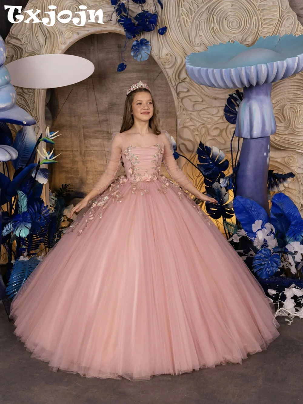 

Pink Sequined 3D Floral Princess Gown For Kids Birthday Party Puffy Tulle Luxurious Girls Dresses Performance Outfit 2-14Y