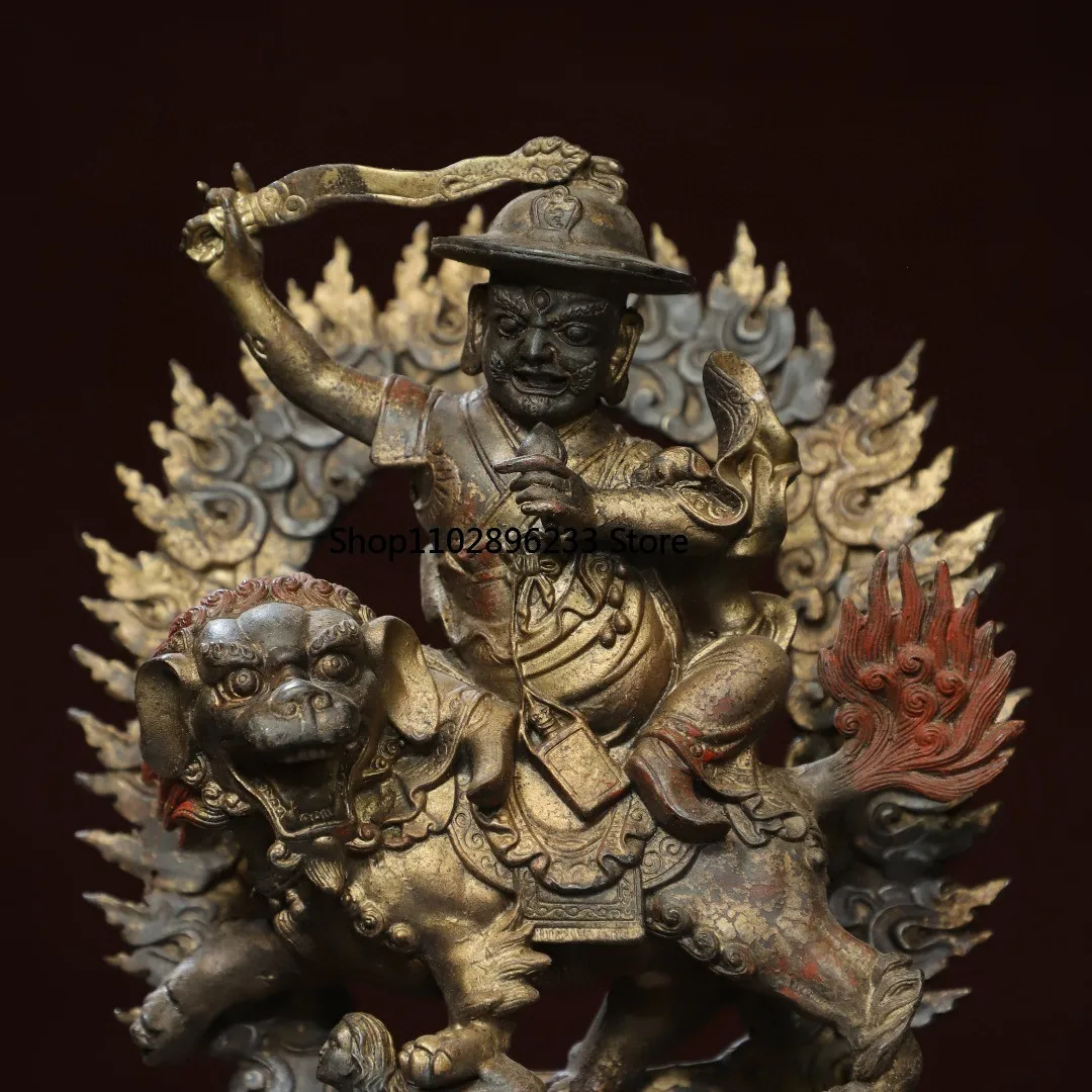 Tibetan brass mud gilt cinnabar painting lion beast King Gesar antique offering ornament Buddhist hall supplies 29cm