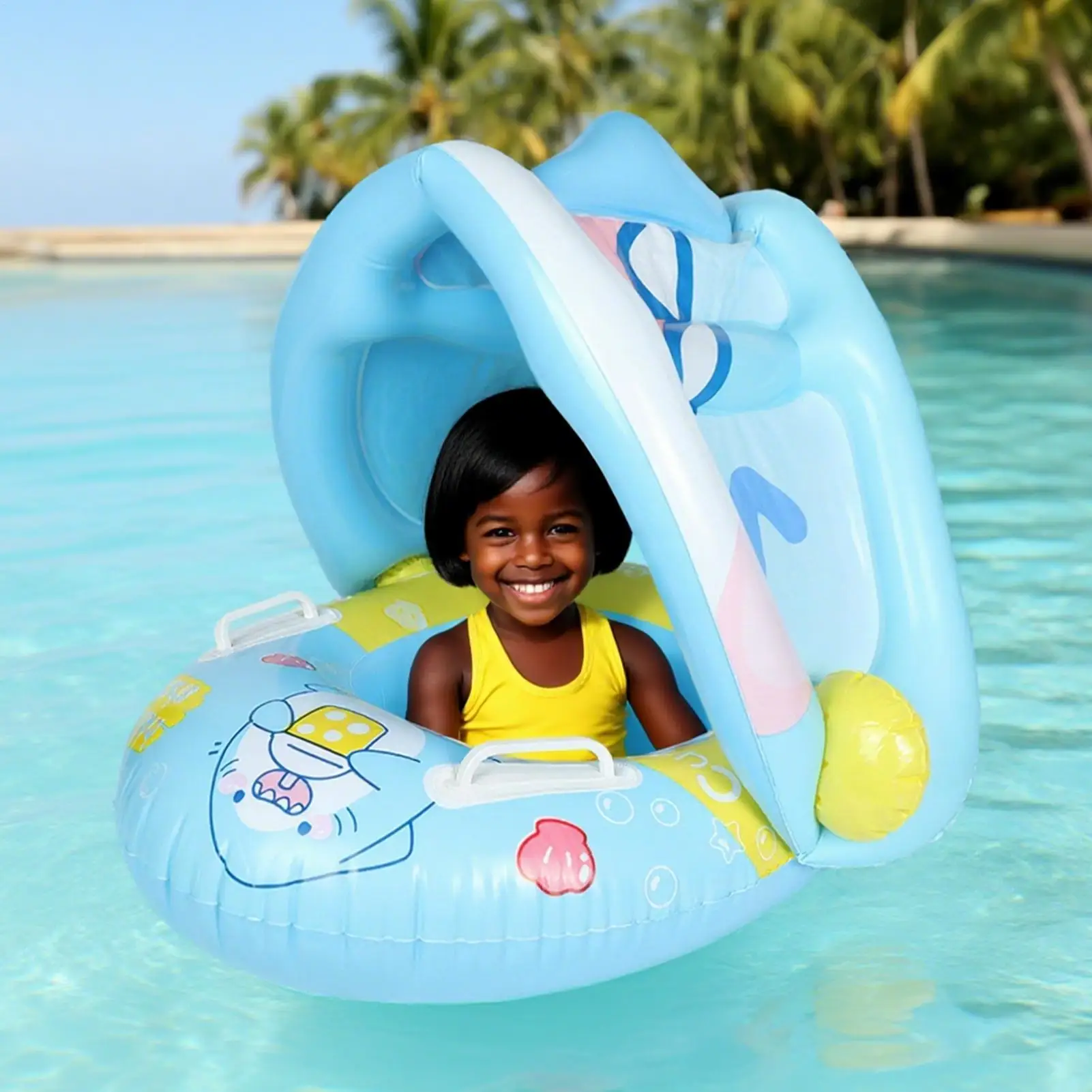 ใหม่เด็ก Pool Float ป้องกันแสงแดดเด็กแหวนน้ําปลอดภัยสบายเทรนเนอร์ว่ายน้ําสําหรับทารกและเด็กวัยหัดเดิน UV Protection Canopy