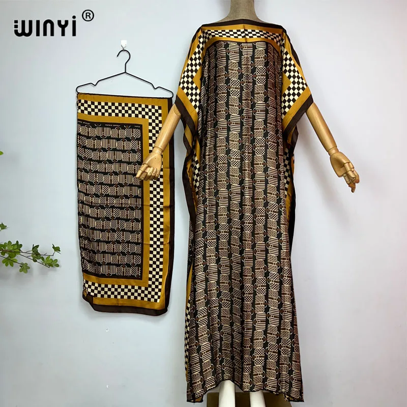 WINYI New Style Silk loose African Women Clothing Dubai Muslim Dashiki kaftan Retro print Design With Scarf Loose beach dress