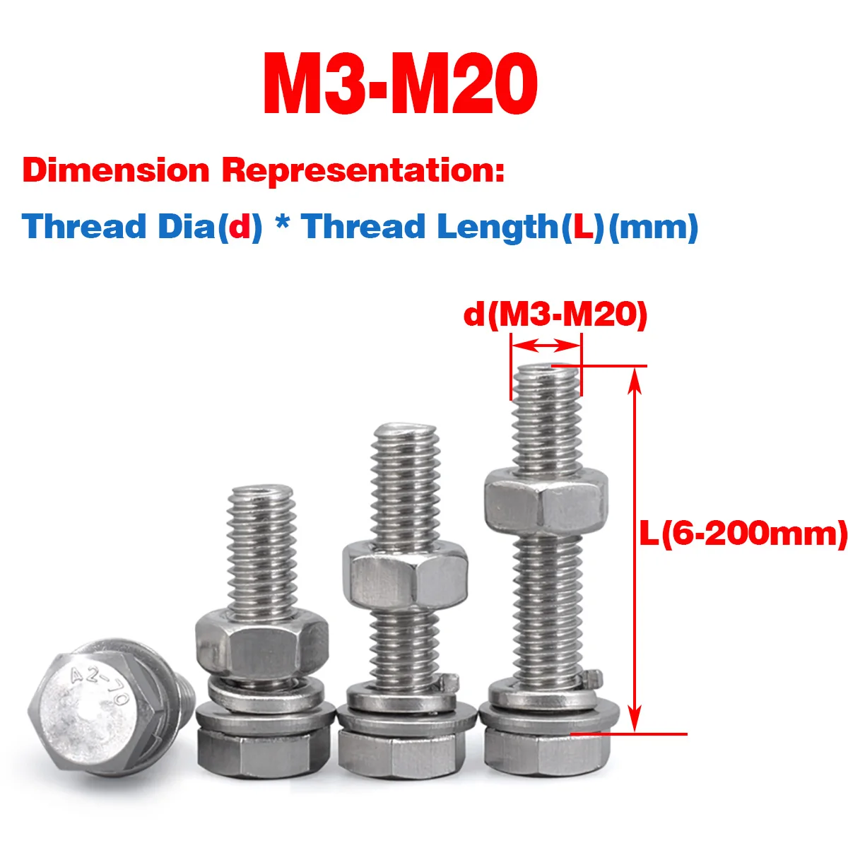 

304 SS Outer Hexagon Screw Nut Flat Washer Spring Washer Combination M3-M20