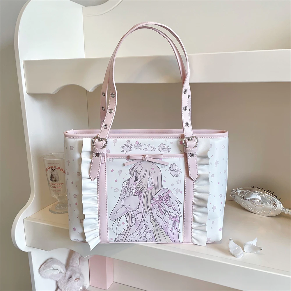 Student Commuter Shoulder Bag Kawaii Girl Angel Printed Storage Bag Student Outdoor Travel Belt Sandwich Zipper Storage Bag