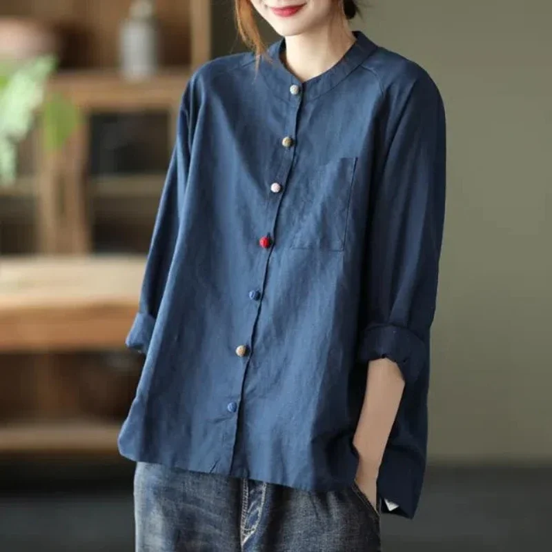 

Spring Autumn Women's New Splicing O-Neck Button Pocket Fashion Solid Color Versatile Casual Long Sleeve Blouses Shirts XQ736
