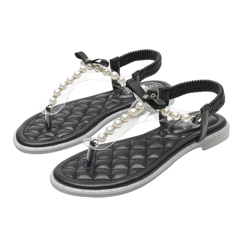 Fairy String Bead Clip Toe Gladiator Sandals Women Flip Flops Summer Shoes Flat Crystal Pearl Bow-knot Sandalias Plus Size 35-43