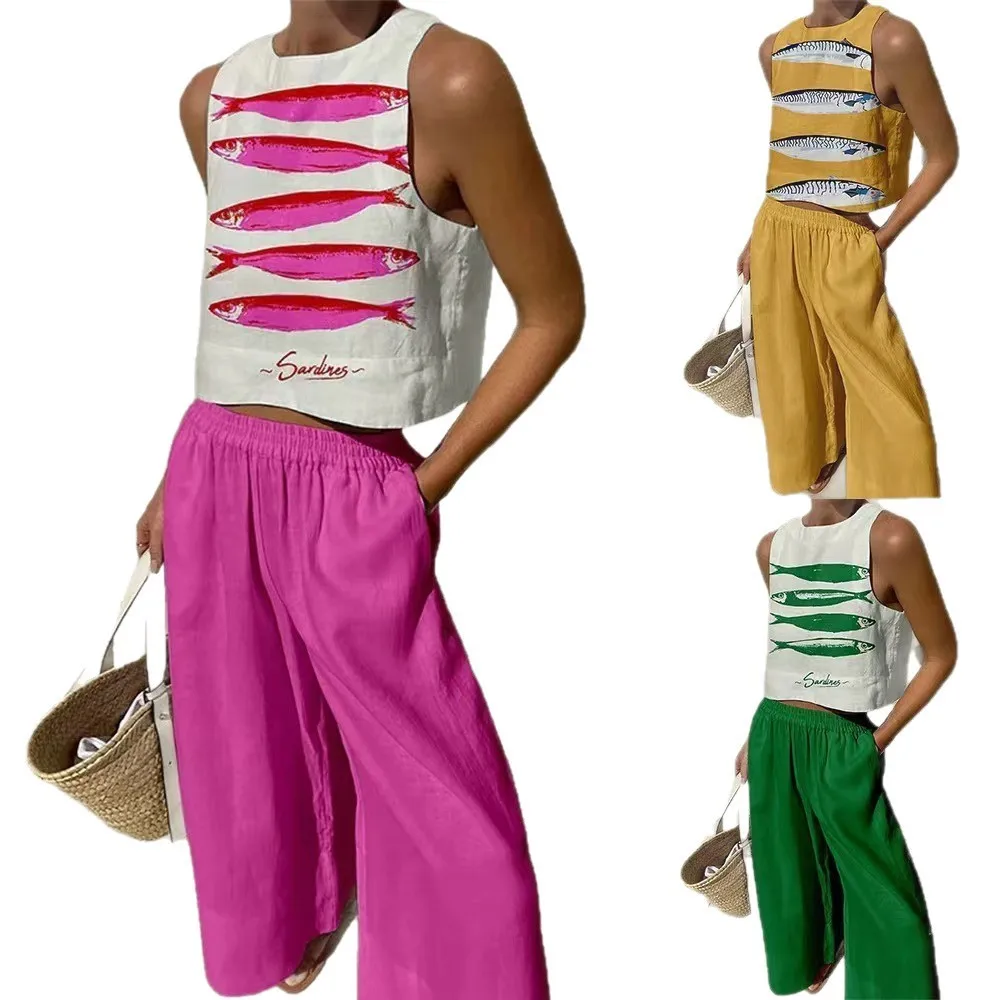 Bohemian Casual Vest And Long Pants Vacation Set Fashion Salmon Print Top Loose Wide-leg Long Pants For Women 2-piece Set 2025