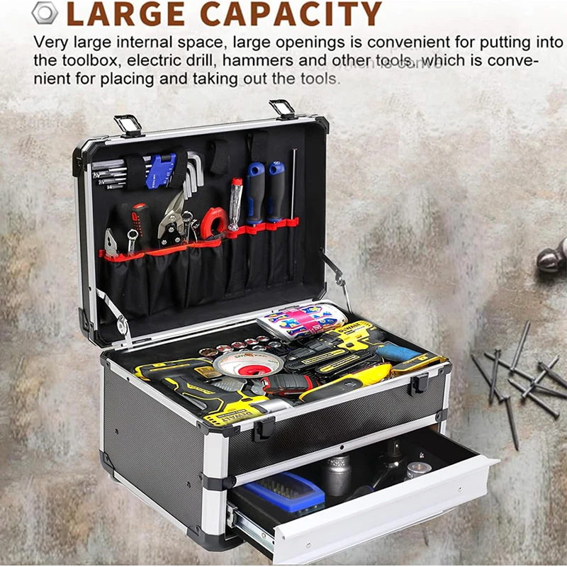 Aluminum Tool Box with Drawer 2-stage Portable Metal Tool Case Suitcase Professional Electrician Box Hardware Tools Storage Case