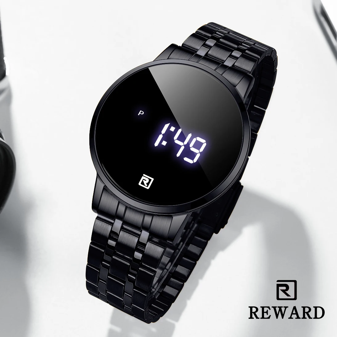 REWARD Modische Herren Schwarze Edelstahl-Uhr Quarz-Armbanduhr Herrenuhr Reloj Hombre