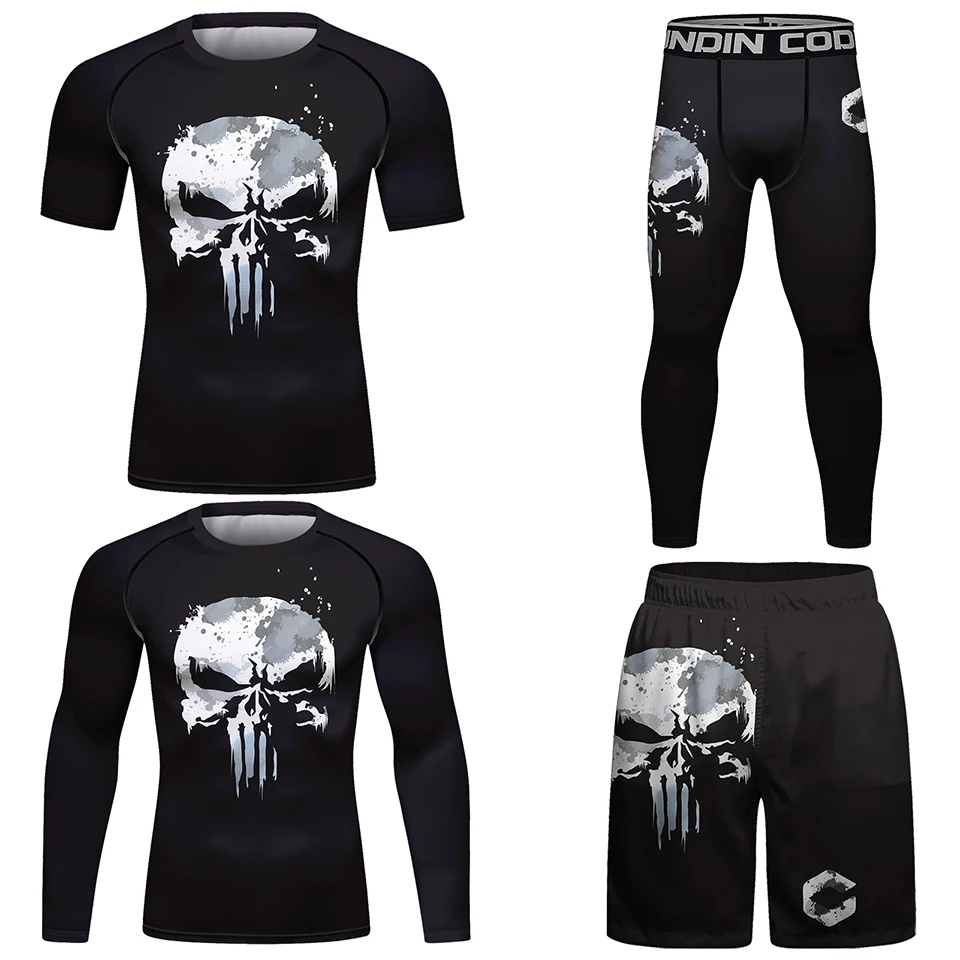 Skull Rashguard For Men Jiu Jitsu MMA T-shirt+Pant Set Brazilian Grappling Bjj Boxing Rash Guard MMA Shorts Boxeo Fight Jerseys