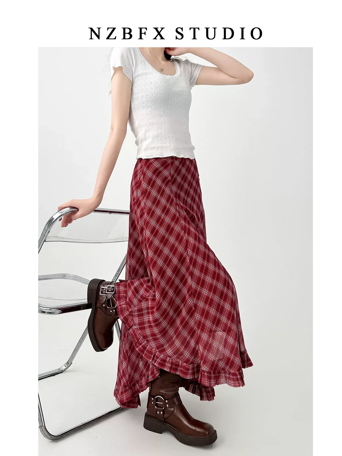 Spring Summer Vintage Two-Tone Plaid Midi Asymmetrical Hem A- Line Skirt Large Flounce Midi Length Silk Half Body Skirt