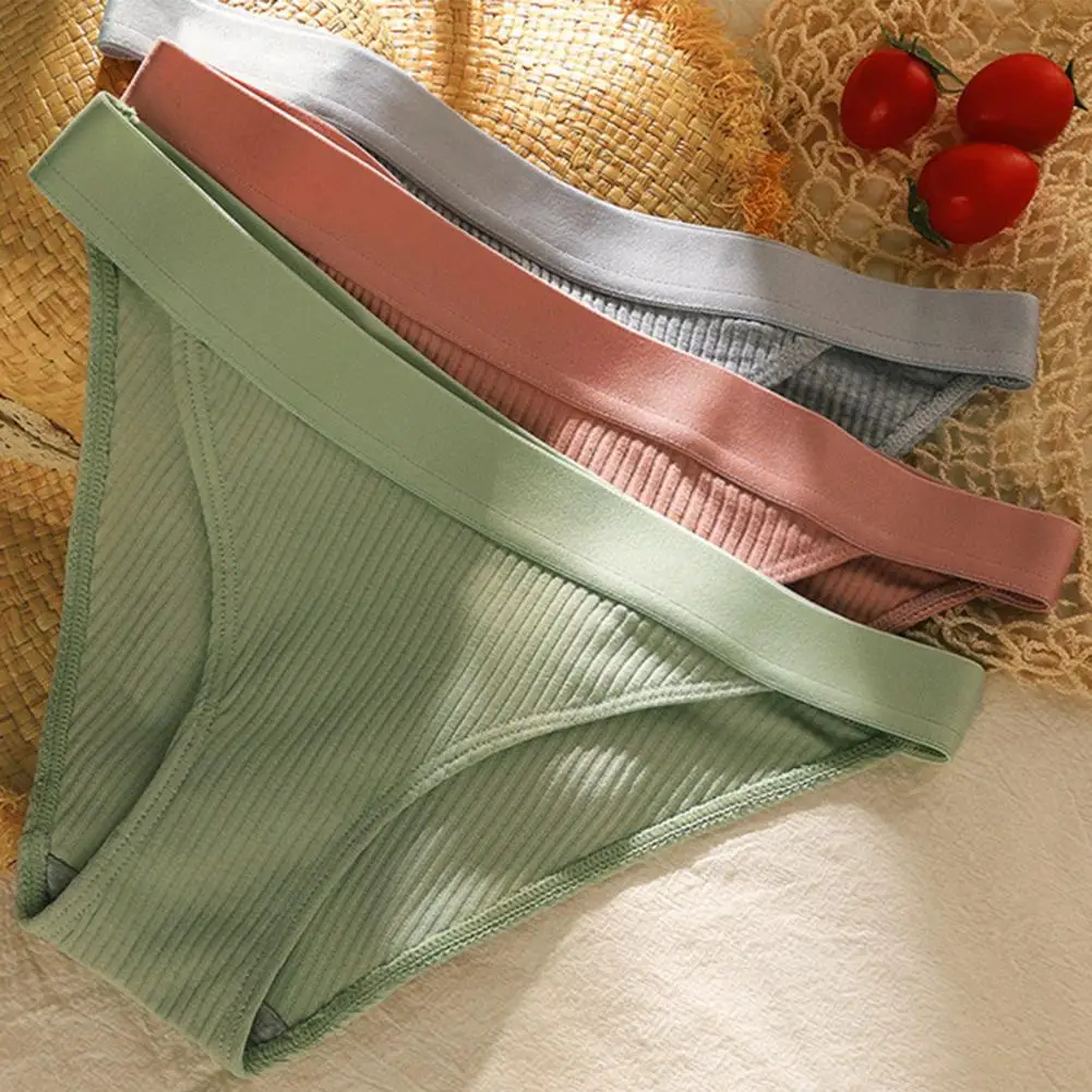 Popular Women Pure Color Slim Fit Panties Cozy Female Briefs Soft Solid Color Ribbed Cotton Panties Daily Wear