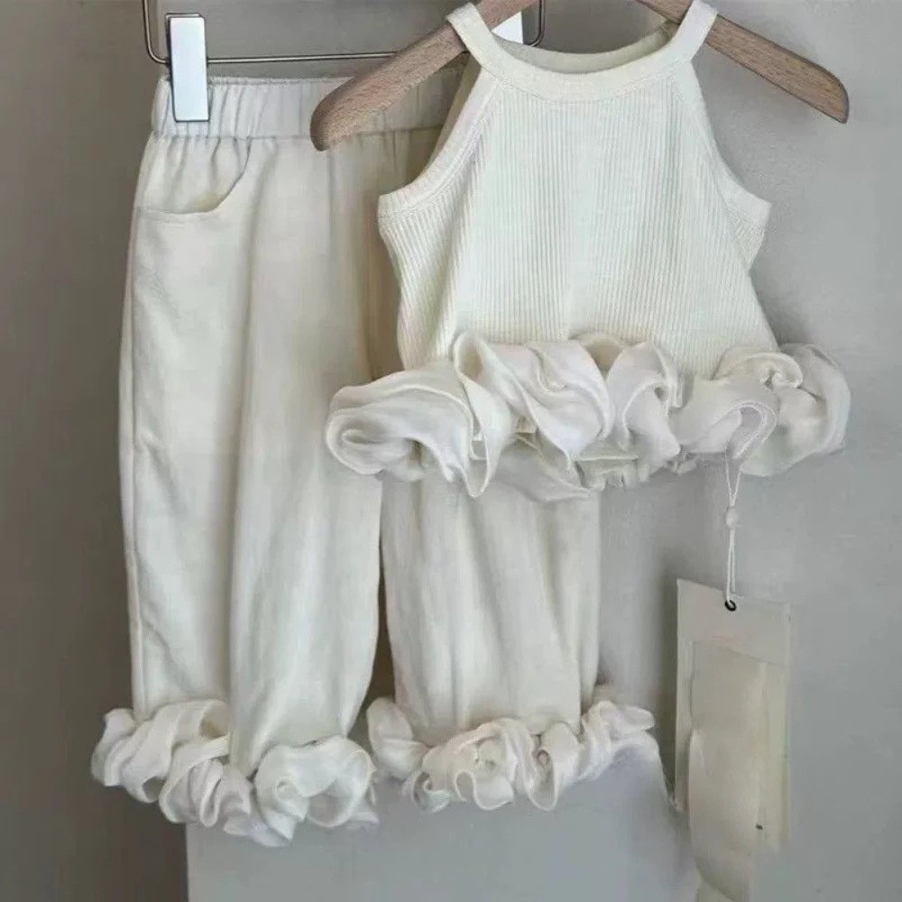 New Summer Girls Clothing for Ages 2-7Korean Version Fashionable Casual Round Neck Sleeveless Solid Color Lace Top+pants Set