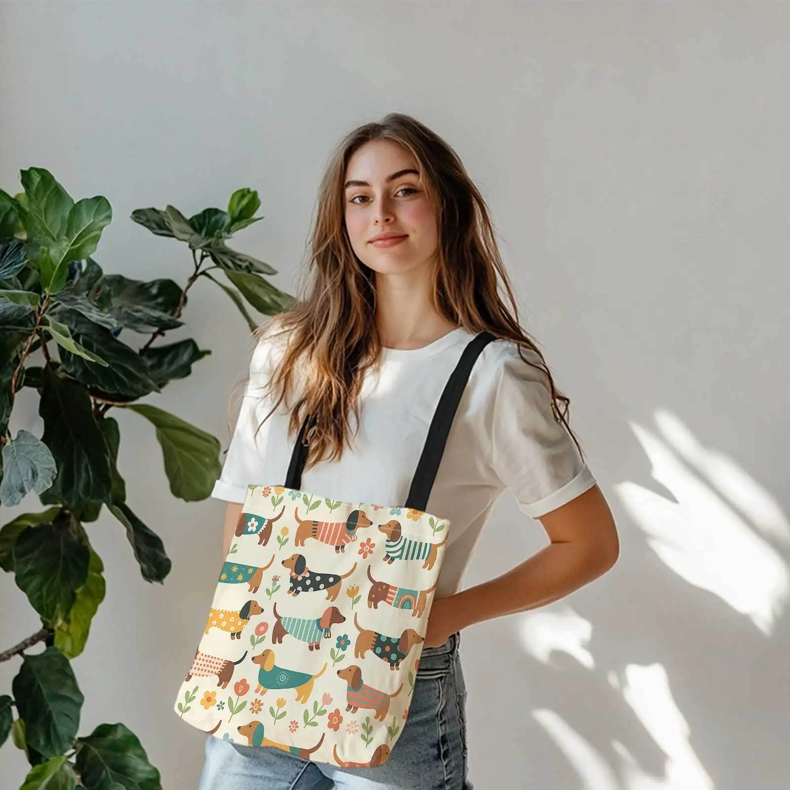 A Shopping Tote Bag with Prints on Both Sides Featuring Dachshunds, Vibrant Patterns, And a Floral Backdrop. This Lightweight, F view 6