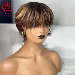 Hesperis Pixie Cut Wig With Bangs Brazilian Remy Short Human Hair Wig Blonde Highlight Scalp Top Full Machine Made Wigs