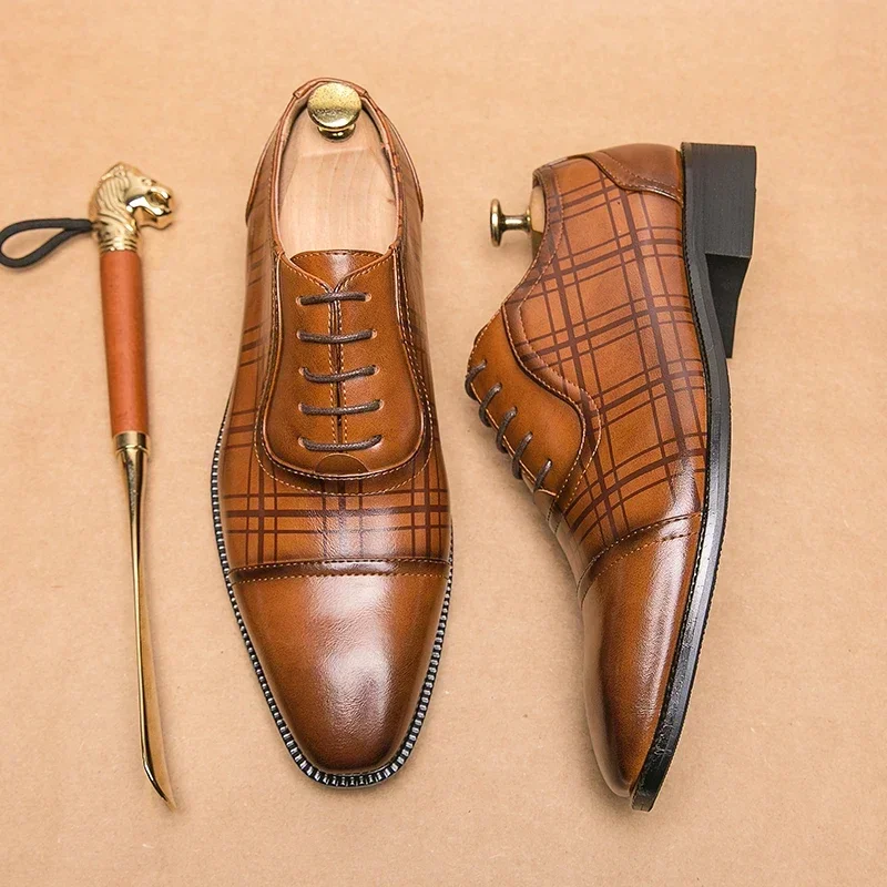

New Men Oxford Shoes PU Plaid Lace Up Low Heel Classic Business Formal Banquet Shoes Large Sizes 38-46