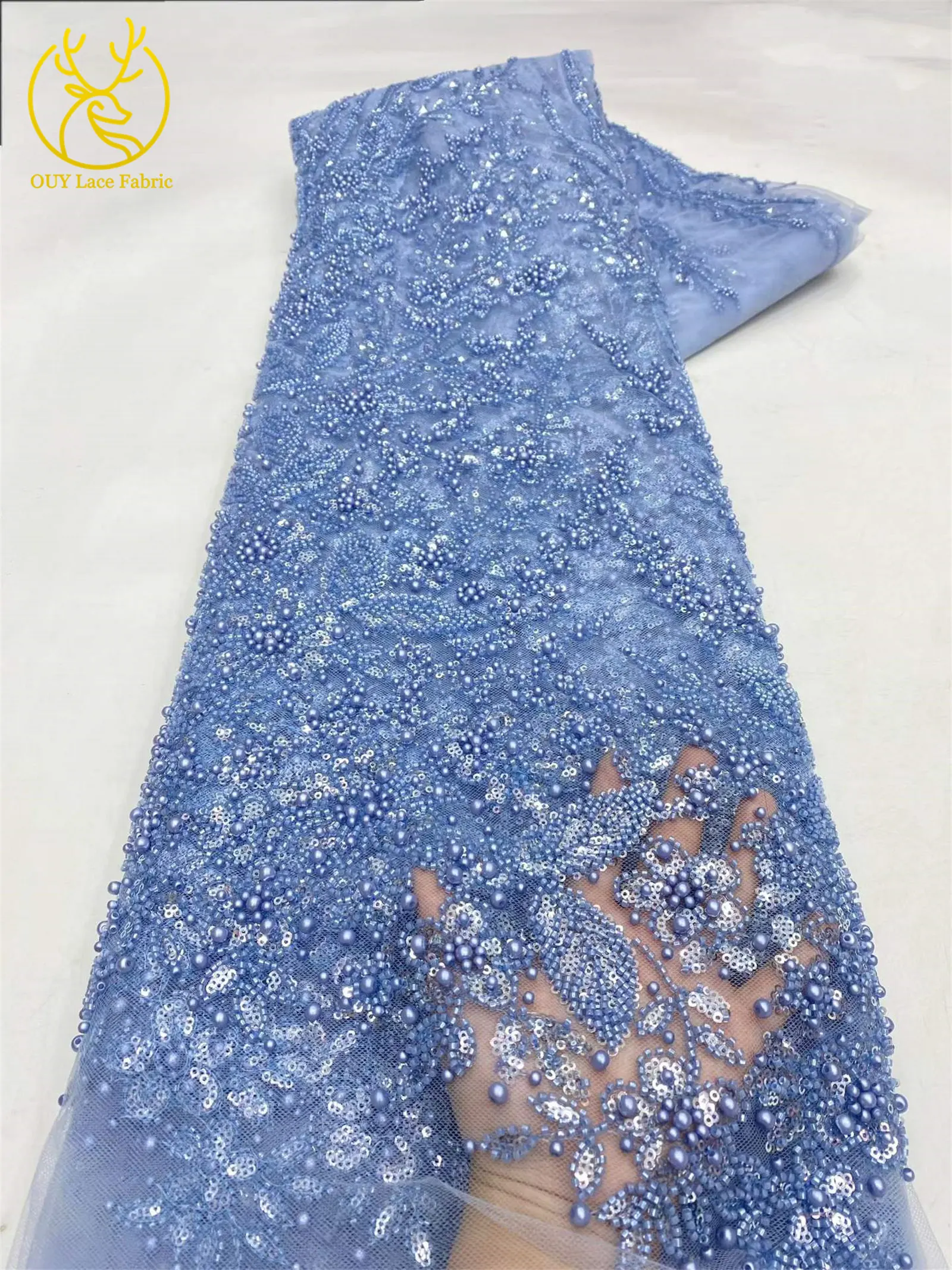 Afrikanischer handgefertigter bestickter Pailletten-Spitzenstoff, blauer französischer Tüll-Mesh-Spitzenstoff, nigerianischer Bankettkleiderstoff – Detail 13
