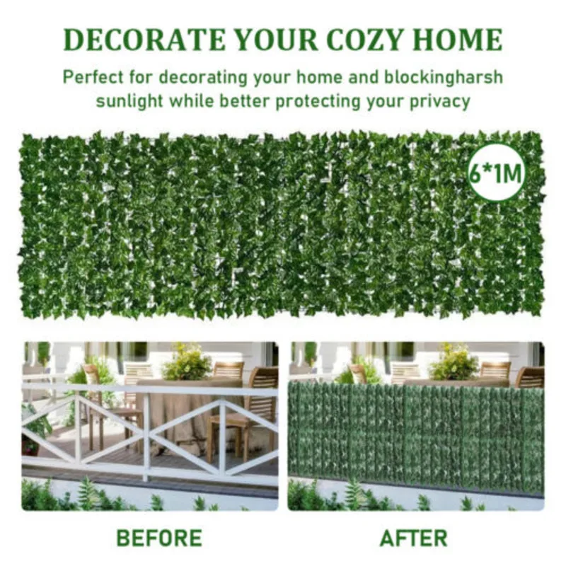 6M Artificial Hedge Ivy Leaf Garden Fence Wall Privacy Balcony Screening Trell