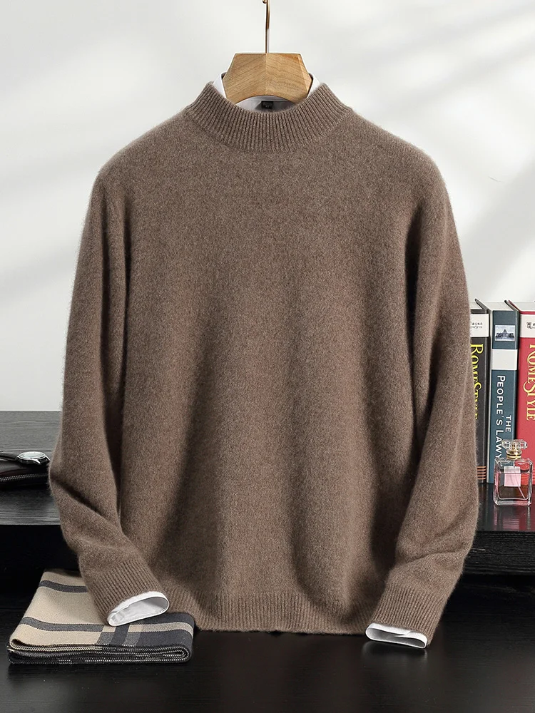 100%Pure Cashmere Sweater Men's Half Turtleneck Knit Pullover Business Casual High-End Thicken Tops Winter New Cashmere Clothing