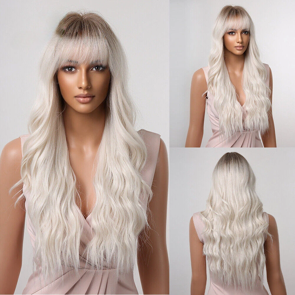 

Long Natural Wavy White Synthetic with Brown Roots Daily Cosplay Blonde Wig