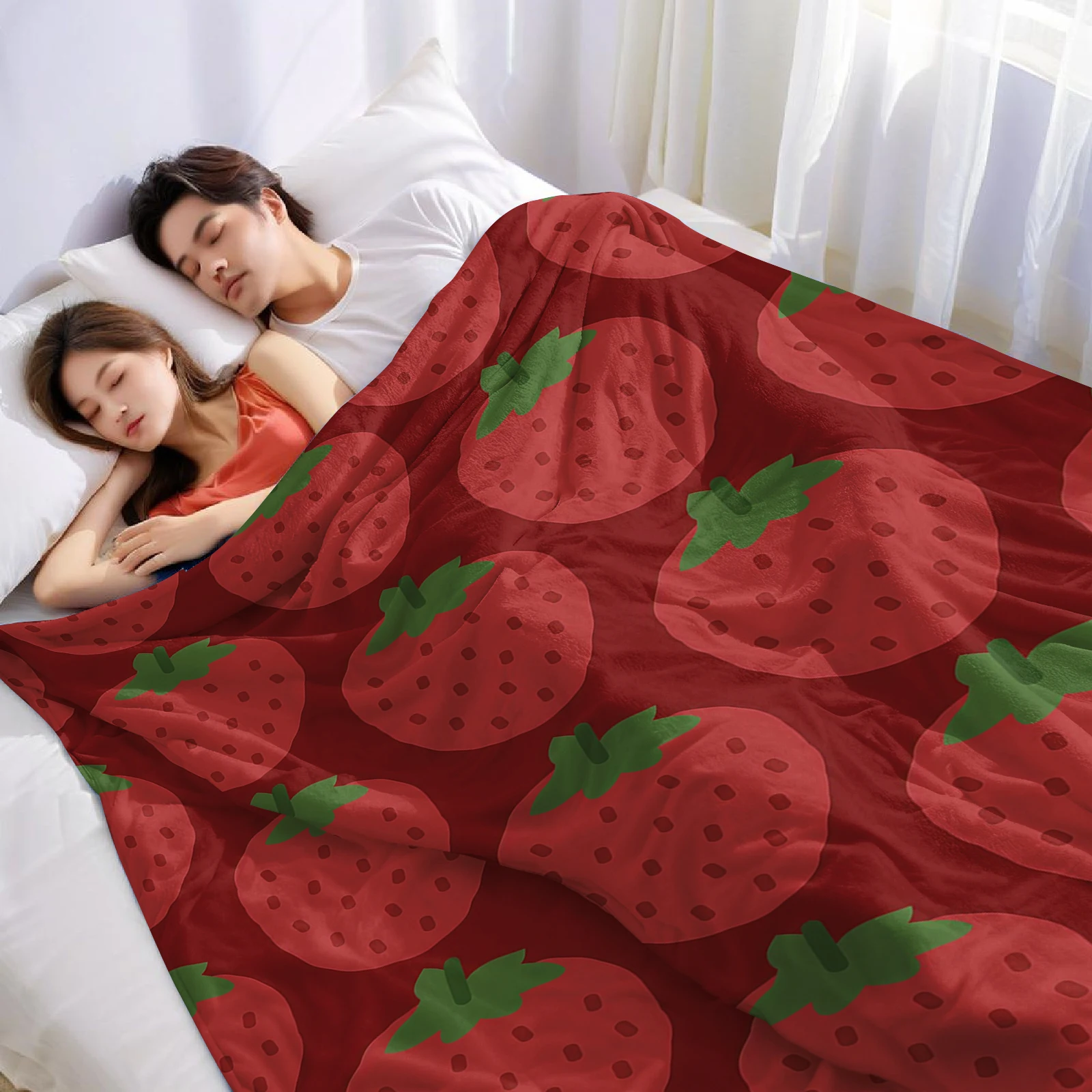 Red Strawberry Repeat Lightweight Microfiber Soft Christmas Fleece Blanket Warm Cozy Throw for Bed Sofa Office Travel All Season