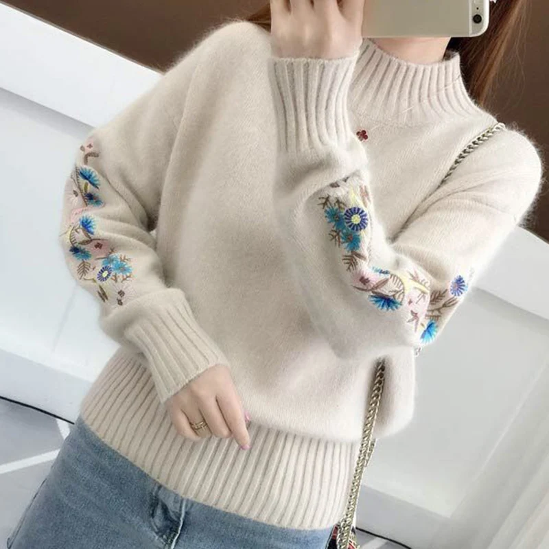 Korean Fahsion Embroidery Long Sleeve Sweater Women All Match Round Neck Cropped Sweaters Woman Autumn Winter Thick Warm Jumpers