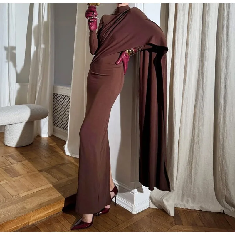 

Low-key, Elegant and Atmospheric Lady's Shawl Long-sleeve Ribbon Stand-collar Slim Vest Dress for Women