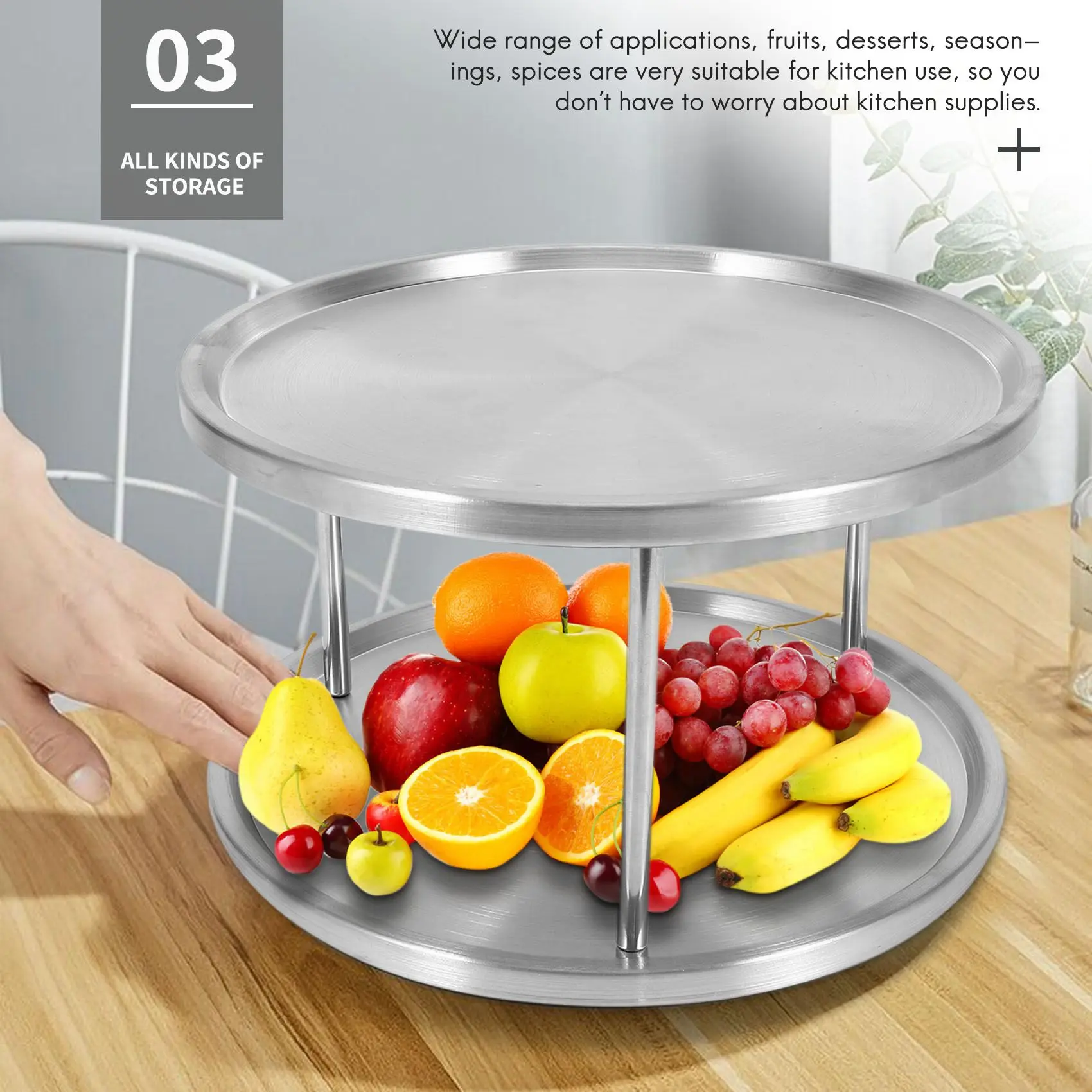 

AA50-Spice Rack Stainless Steel Organizer Tray 360 Degree Turntable Rotating 2 Stand For Dining Table Kitchen Counters Cabinets