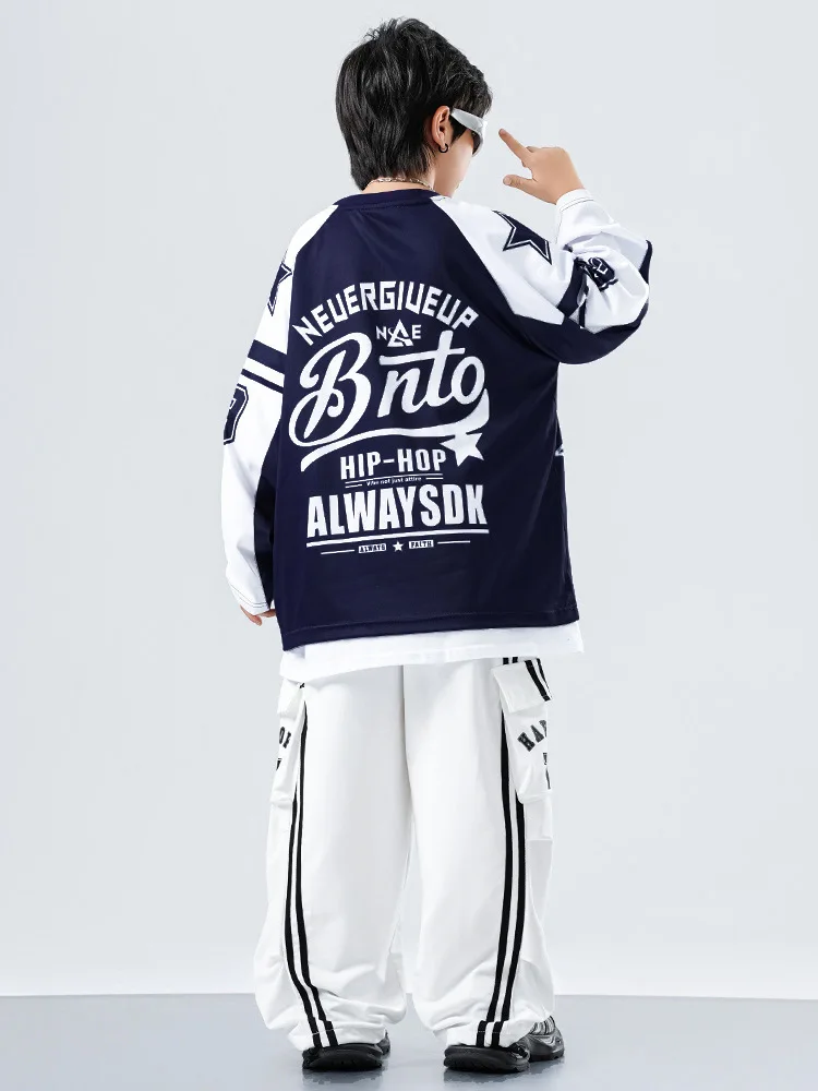 Kind Street Dance Kostüm Hip Hop Mädchen Kostüm Oversize Tops Langarm Weiß Lose Hosen Kinder Jazz Dance Streetwear Sets
