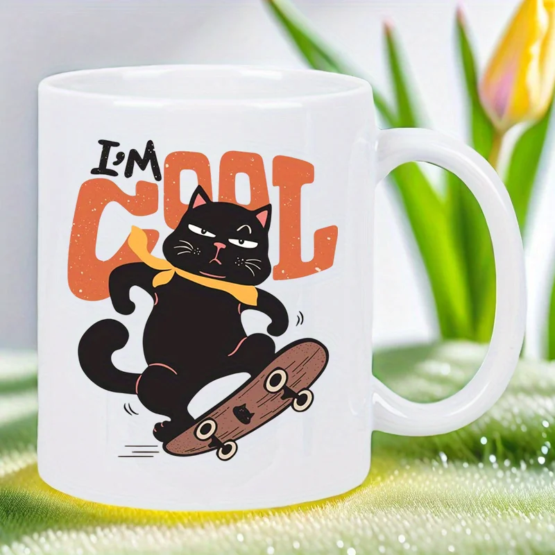 

I'm Cool Skateboarding Cat Mug - White Coffee Cup with Skateboarding Black Cat Design, Funny Kitchen Cup for Cat Lovers, Birthda