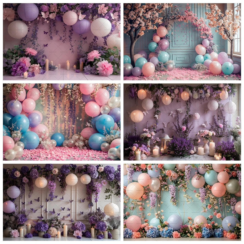 

Purple Flowers Butterfly Balloons Baby 1st Birthday Backdrop Newborn Baby Shower Cake Smask Party Photography Background Decor