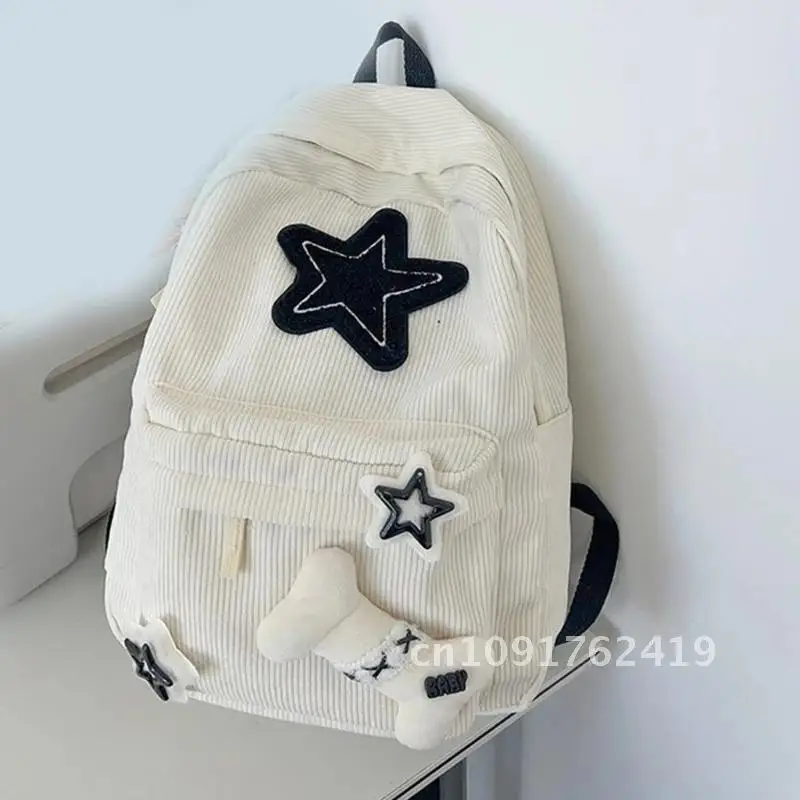 Y2K Girls Star Pattern Laptop Backpack Teen Student Large Capacity School Bookbag Corduroy Rucksack Double Strap Shoulder Bag