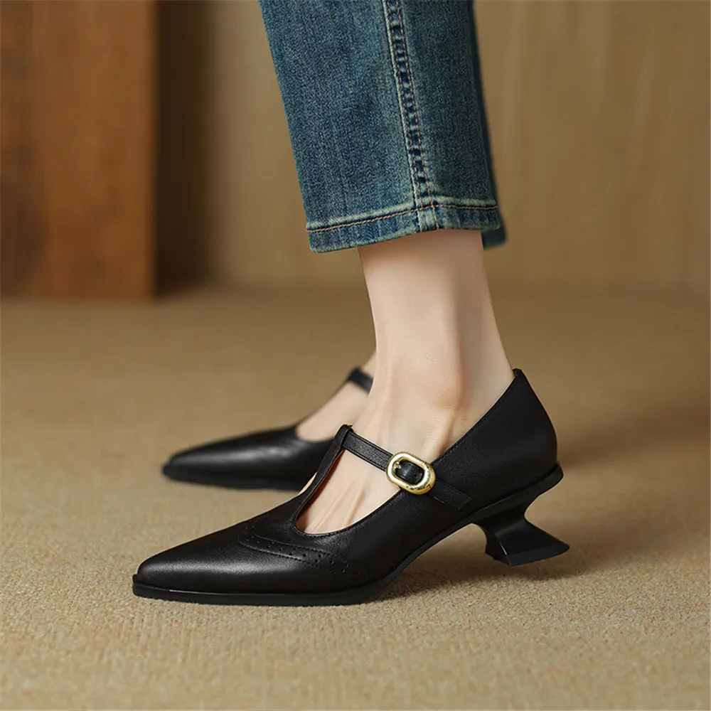 FEDONAS Retro Women Genuine Leather Pumps Sexy Pointed Toe T-strap Office Pumps 2024 New Women Spring Autumn Pumps Shoes